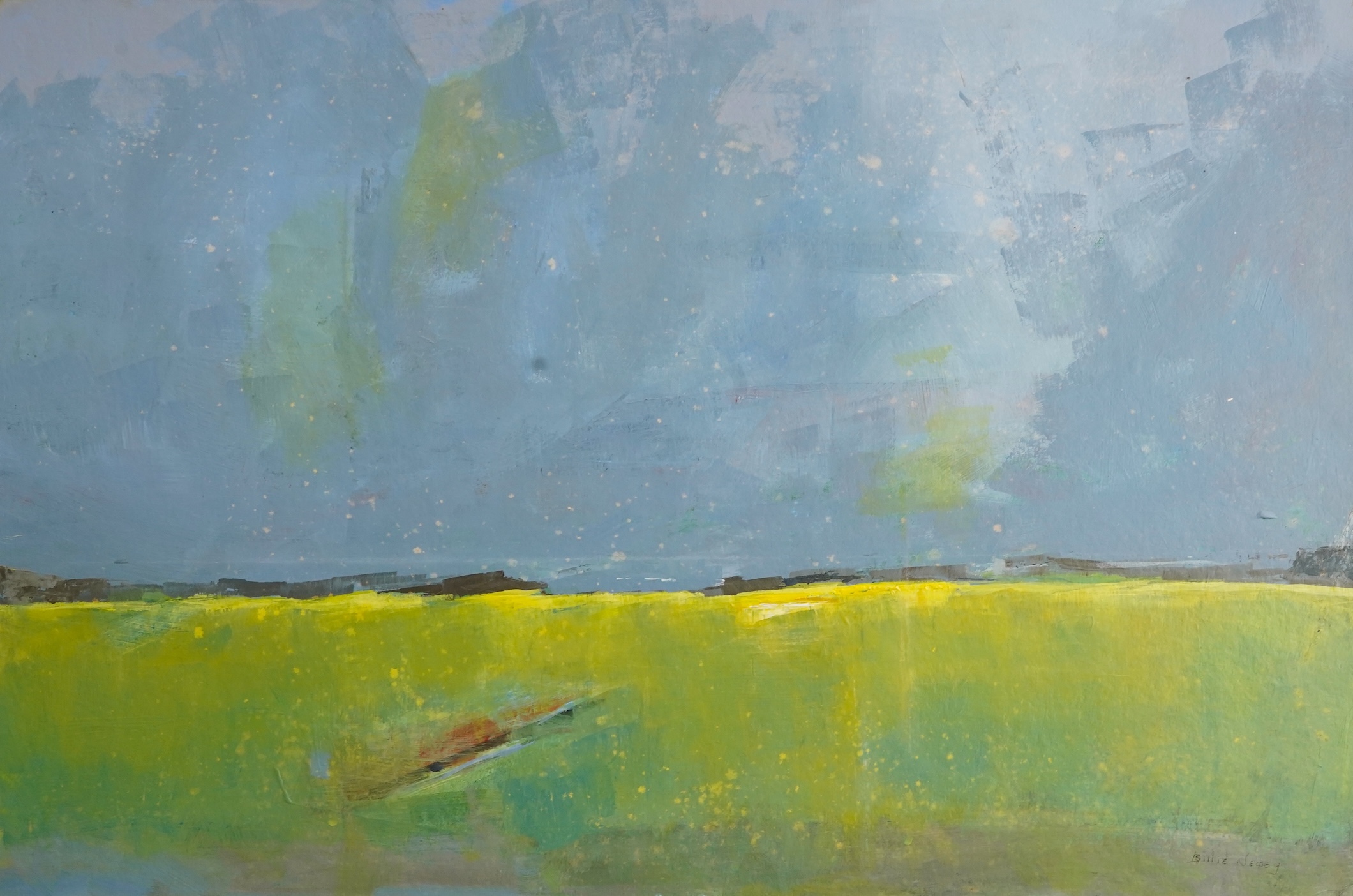 Billie Newey (contemporary), Abstract landscapes, two oils on board, unsigned, unframed, largest 61 x 75cm